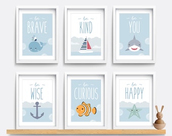 Nautical Nursery wall art, Set of 6 sea prints, Be brave be kind, Kid bedroom art, Baby nursery decor, Shark art, Boat print, Whale decor