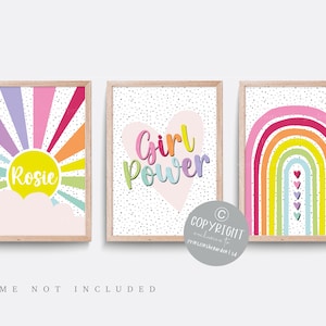 Rainbow nursery print, Rainbow wall art, Pink nursery decor, Girls nursery art, Baby name print, Bright wall art, Girl power print, Set of 3