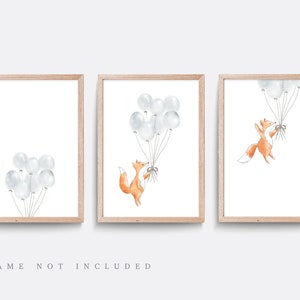 Woodland Nursery wall art, Fox nursery art, Set of 3 animal prints, Forest print, Kid bedroom art, Baby nursery decor, Balloon nursery print