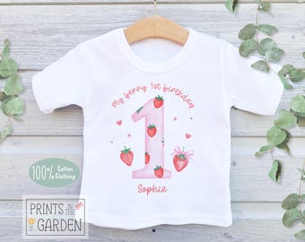 Strawberry 1st Birthday Girl's T-shirt: Keepsake Party Outfit