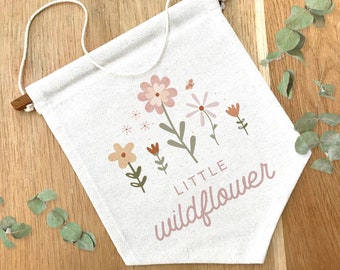 Little wildflower pennant flag, boho nursery decor, bedroom decor, linen banner, Playroom, Children's bedroom flag, Kids birthday gift