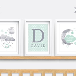 Nursery wall art, Set of 3 Nursery prints, Cloud nursery decor, Moon and star print, Mint nursery print, Baby name print, Baby wall art gift