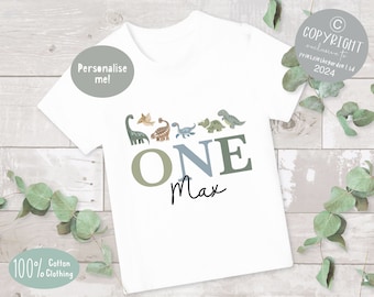 May include: White t-shirt with a dinosaur theme. The shirt says "ONE" in green and blue letters with the name "Max" written underneath. The shirt is decorated with a line of colorful dinosaurs.