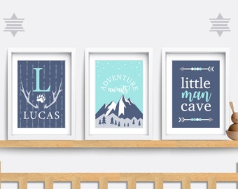 Boys outdoor wall art, Set of 3, Baby name print, Mountain nursery decor, Little man cave print, Adventure awaits, Nursery Quote print