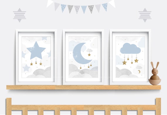 Star Prints Blue Baby Nursery Decor Star Moon Cloud Nursery Wall Art Star Nursery Star Nursery Decor Star Nursery Prints