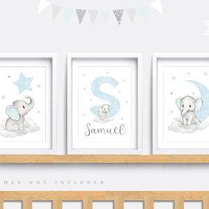Nursery wall art, Set of 3 Elephant prints, Kids name print, Boy nursery decor, Blue and grey nursery print, Baby name print, Elephant decor
