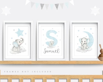 Elephant Nursery Art: Set of 3, Blue & Gray, Personalized Name Print