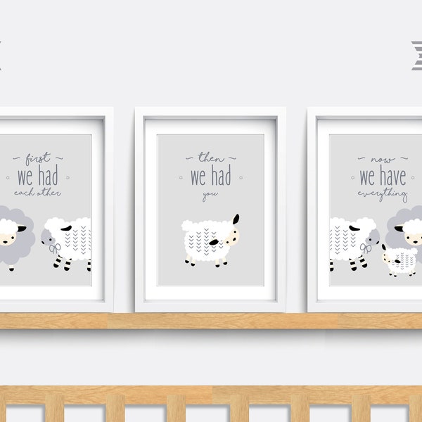 Nursery wall art, Set of 3 Baby Nursery prints, First we had each other, then we had you, Grey nursery art, Sheep nursery print, Lamb art