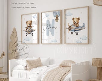 Bear Nursery Print Set: Woodland Animals, Airplane Art