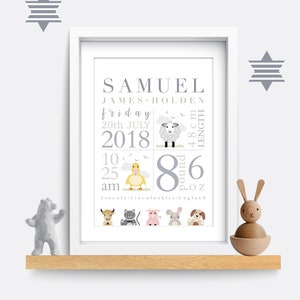 Birth details print, Farm animal print, Birth poster, Baby name print, Baby name sign, Christening/baptism gift, Baby name wall art
