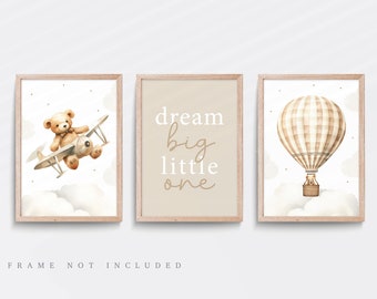 Teddy Bear Nursery Print Set: Hot Air Balloon, Aeroplane Wall Art