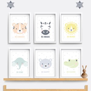 Safari Nursery wall art, Set of 6 wild animal prints, Be brave be kind, Kid bedroom art, Baby nursery decor, Elephant art, Lion, Zebra art