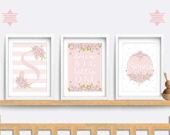 Floral Nursery Print Set: Pink Flower Decor, Personalized Name Art