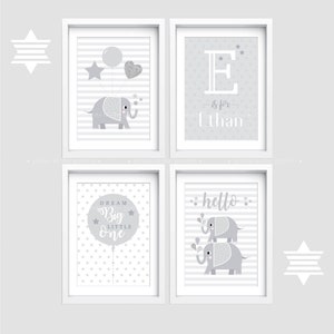 Nursery wall art, Set of 4 Elephant prints, Baby name print, Gender neutral decor, White and grey nursery print, Elephant decor, Dream big