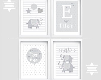 Elephant Nursery Prints: Set of 4, Grey Baby Room Decor