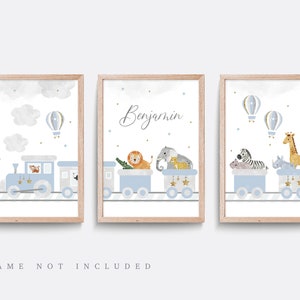 Safari nursery print. Set of 3 Star prints. Cloud nursery decor. Hot air balloon. Baby nursery print. Baby boy gift. Blue & grey art, Train