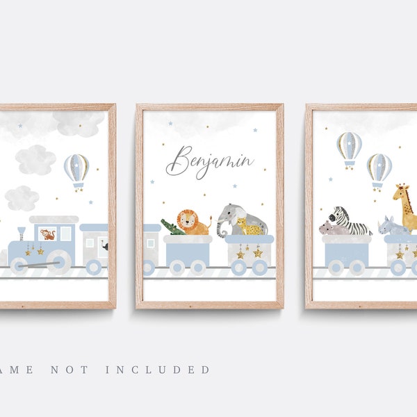 Safari nursery print. Set of 3 Star prints. Cloud nursery decor. Hot air balloon. Baby nursery print. Baby boy gift. Blue & grey art, Train