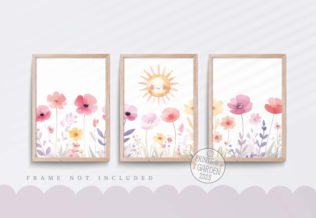 Wildflower Nursery Print, Set of 3 Prints, Sunshine Wall Art, Floral ...