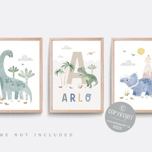 Dinosaur Nursery Print Set: Blue Boys Bedroom Wall Art