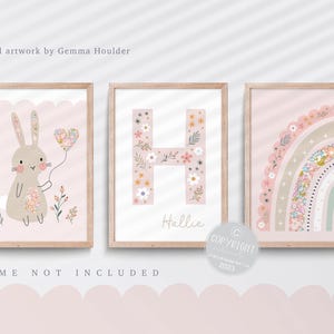 Bunny Nursery Print Set: Pink Floral Rainbow, Girl Bedroom Art