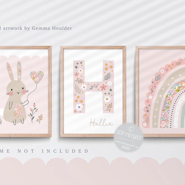 Bunny Nursery Print Set: Pink Floral Rainbow, Girl Bedroom Art