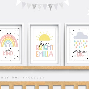 Rainbow nursery print, Rainbow wall art, Pink nursery decor, Cloud nursery art, Baby name print, Pink wall art, Girls bedroom art, Set of 3