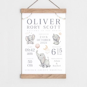 Birth details print, Elephant nursery print, Birth poster, Baby name print, Baby name sign, Christening/baptism gift, Baby name wall art