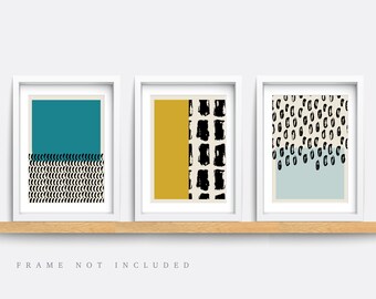 Abstract Geometric Art Prints - Set of 3 - Yellow & Blue Minimalist Decor