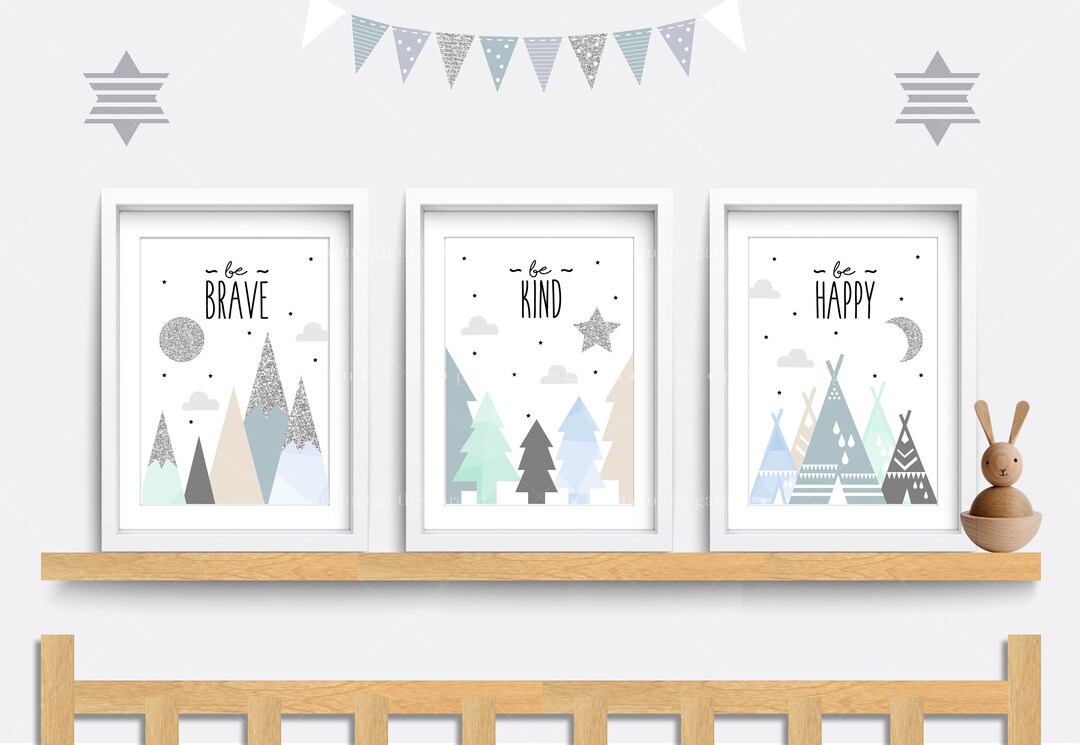 Boys Wall Art Set of 3 Blue and Mint Nursery Prints - Etsy