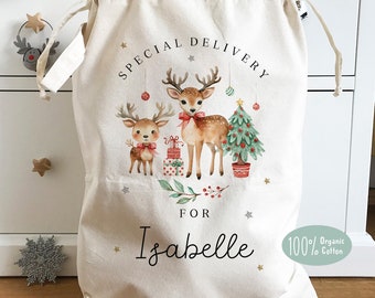 Personalised Christmas Sack, 100% Organic natural cotton, Reindeer Sack, Christmas Gift, Santa Sack, Heavy duty linen, 46x60cm, 60x76cm