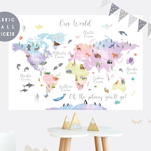 Animal World Map wall sticker, Wall decal, Nursery wall sticker, Nursery wall art, Kid wall decal, Mural, Animal world map, Map of the world