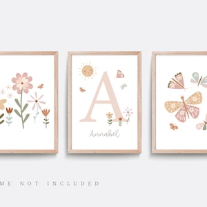 Wildflower nursery print, Set of 3 prints, Boho nursery decor, Floral nursery print, Baby name print, Girl bedroom art, kid name art