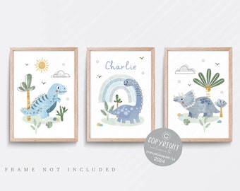 Dinosaur Nursery Print Set: Blue Boys Bedroom Wall Art - Etsy