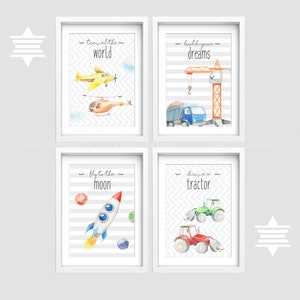 Construction Nursery art, Trucks Prints, Nursery Poster, Construction Decor, Baby Boy Nursery, Kids Art Print, Tractor art, Set of 4 Prints