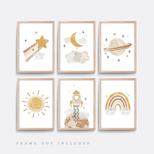 Space nursery prints, Set of 6 Nursery prints, Nursery wall art, Space wall art, Baby boy gift, Planet, Sun print, Rocket print, Rainbow art