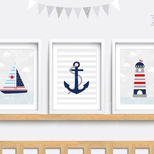 Nautical nursery prints, Nautical Nursery wall art, Set of 3 sea themed prints, Boat wall art, Kid bedroom art, Baby nursery decor, Grey art