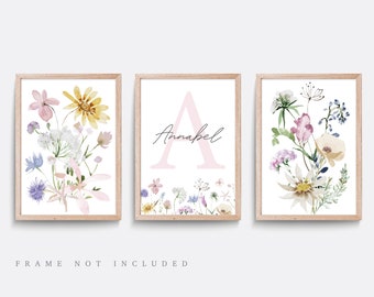 Wildflower Nursery Print Set: Personalized Floral Girl Bedroom Art