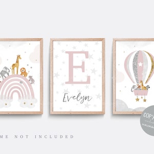 Safari nursery print. Set of 3 Star prints. Rainbow nursery decor. Hot air balloon. Baby nursery print. Baby Girl gift. Pink and grey art