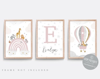 Safari Nursery Print Set: Rainbow, Hot Air Balloon, Stars