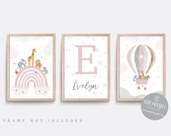 Safari nursery print. Set of 3 Star prints. Rainbow nursery decor. Hot air balloon. Baby nursery print. Baby Girl gift. Pink and grey art