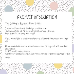 May include: Product description for a cotton t-shirt. The text describes the material, care instructions, and mentions that the design is applied using a professional garment printer. The text also states that custom designs and sizes are available upon request.