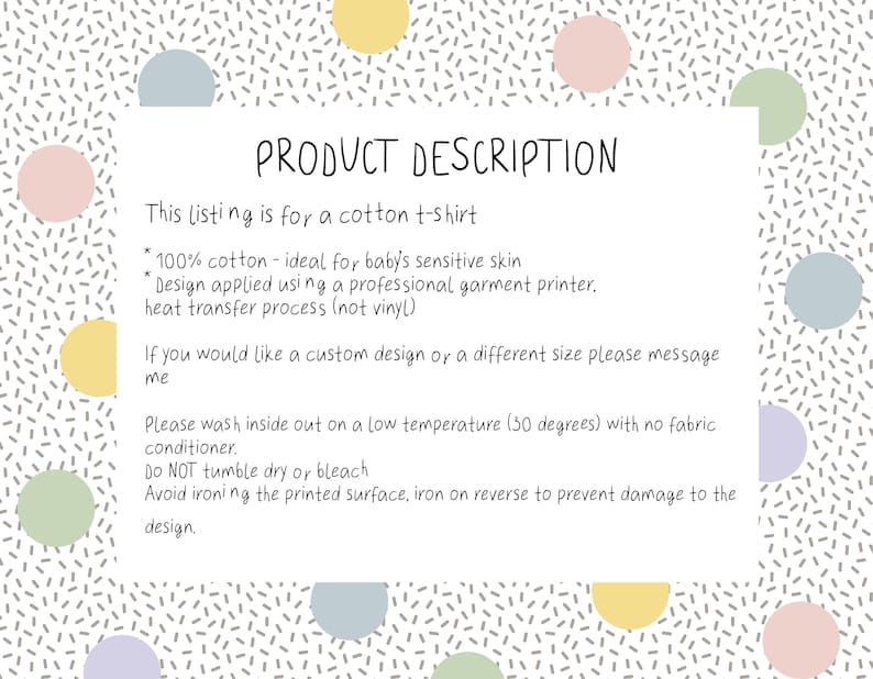 May include: Product description for a cotton t-shirt. The text describes the material, care instructions, and mentions that the design is applied using a professional garment printer. The text also states that custom designs and sizes are available upon request.