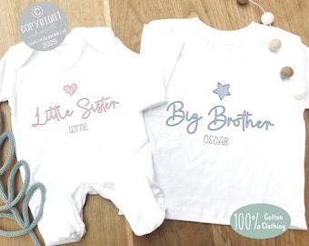 Personalized Sibling Set: Big Brother Shirt & Little Sister Baby Grow