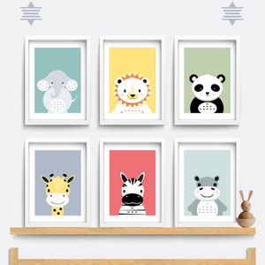 Safari Nursery wall art, Set of 6 wild animal print, Elephant wall art, Kid bedroom art, Baby nursery decor, Giraffe, Lion, Zebra art, Hippo