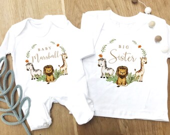 Personalized Siblings Outfit: Safari Animal Matching Shirt & Baby Grow