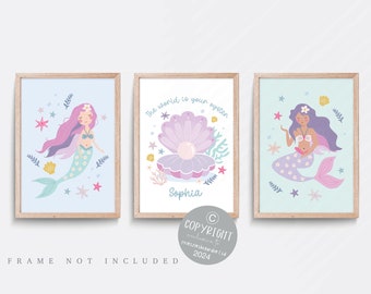 Mermaid nursery print, Purple nursery print, Shell decor, Girl bedroom decor, Mermaid wall art print, Nursery wall art, Set of 3 prints