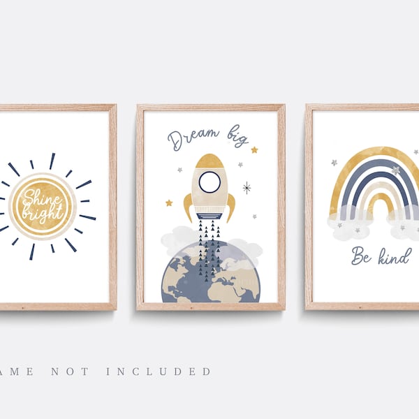 Space nursery prints, Set of 3 Nursery prints, Nursery wall art, Space wall art, Baby boy gift, Planet, Sun print, Rocket print, Rainbow art