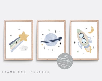 Space Nursery Print Set, Solar System Decor, Rocket, Star