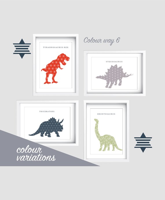 Dinosaur Nursery Prints: T-Rex, Triceratops, Stegosaurus Art, Set of 4