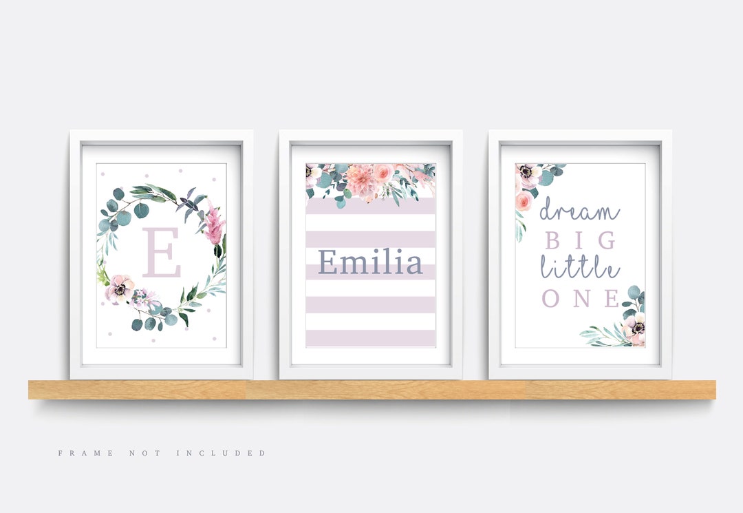 Flower Nursery Wall Art, Set of 3 Prints, Lilac Nursery Decor, Floral